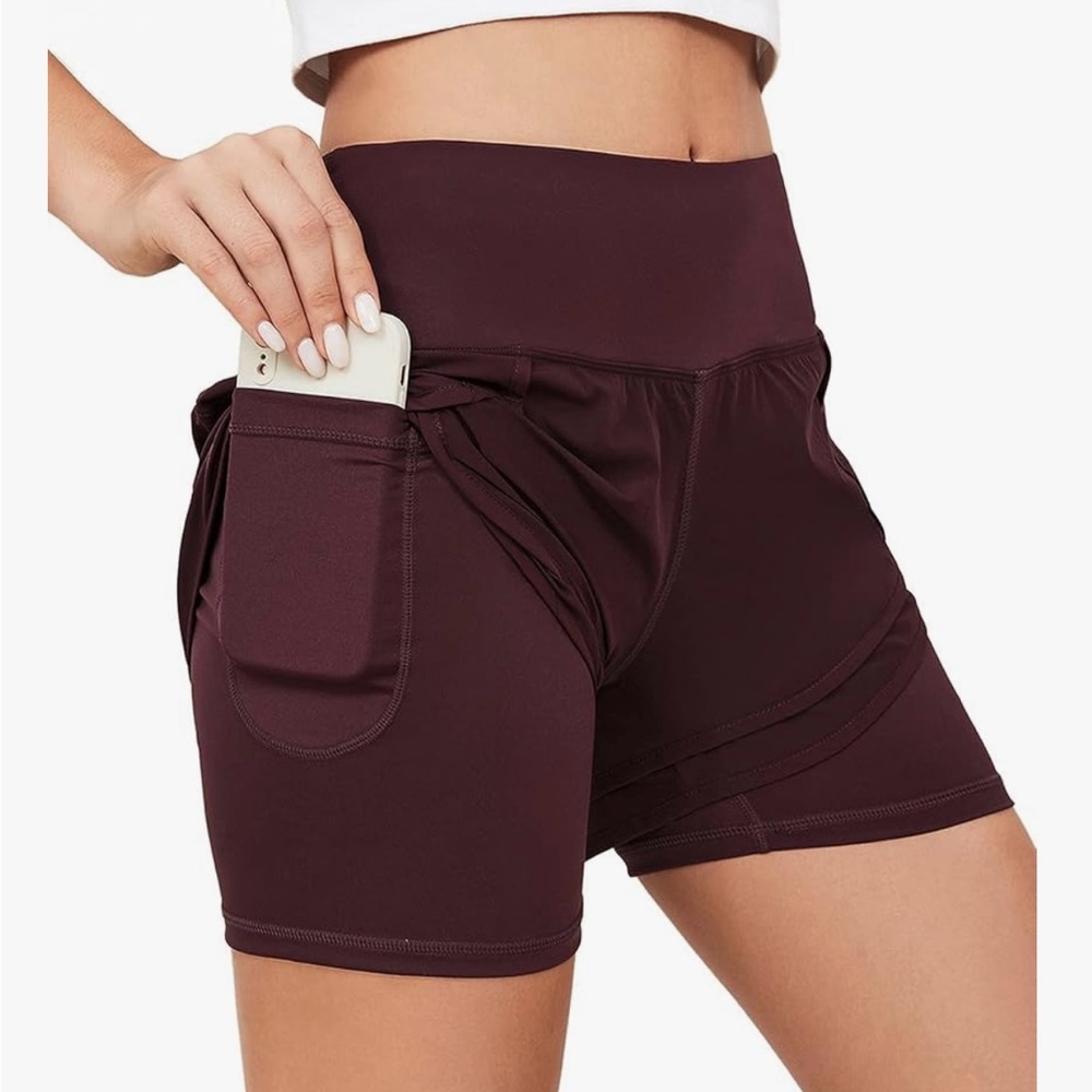 Women's Burgundy High-Waisted Shorts with phone pocket